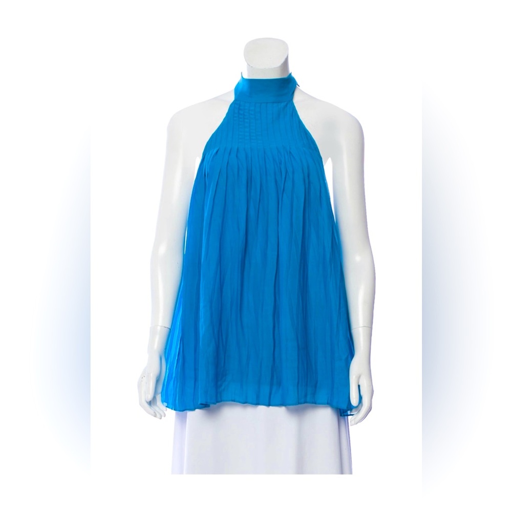Alice + Olivia Pleated Cerulean Blue Halter Neck Top
